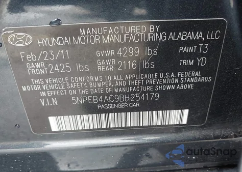 2011 Hyundai Sonata Gls z USA, uszkodzony, nr VIN 5NPEB4AC9BH254179